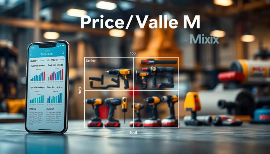 A visually striking image depicting a "Price/Value Matrix" for tool tracking apps like ONE‑KEY, TOOL CONNECT, HILTI ON!TRACK, and BOSCH. In the foreground, illustrate a sleek, modern smartphone displaying a vibrant user interface with graphs and comparison metrics related to the tracking apps, symbolizing data analysis. In the middle, showcase a series of interconnected tools like drills, saws, and measuring devices organized in a grid layout, hinting at the value each app provides. The background features a blurred industrial workshop environment with soft, ambient lighting that enhances a professional atmosphere. Capture this scene from a slightly elevated angle to convey depth, with a focus on clarity and detail. The overall mood should feel analytical and insightful, suggesting a thoughtful comparison of smart tool ecosystems.