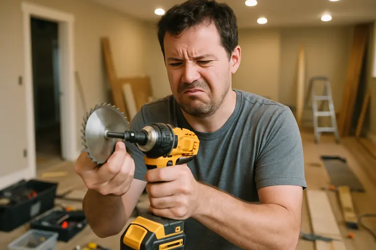 Home repair plan with measuring tape, drill, and safety glasses on plywood