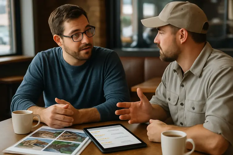 Homeowner and contractor reviewing a written outdoor project scope