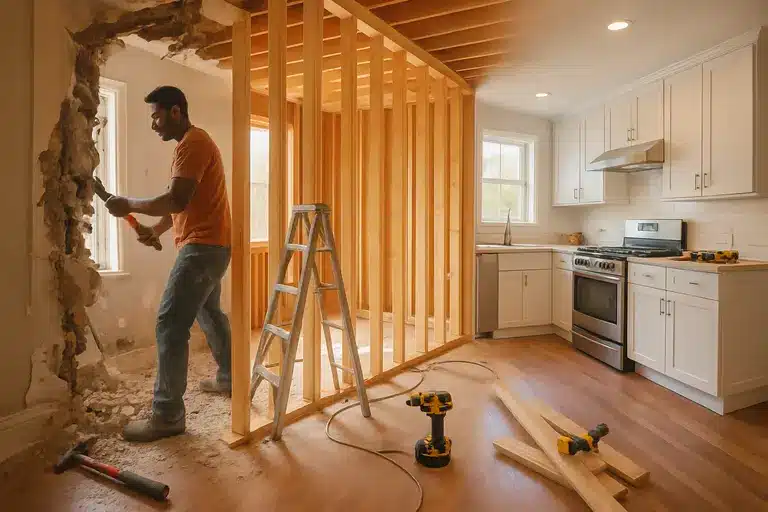 Partially renovated room with protected floors and organized tools